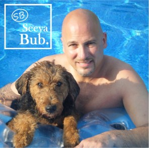 Dad and Lucy in Pool with SB Logo