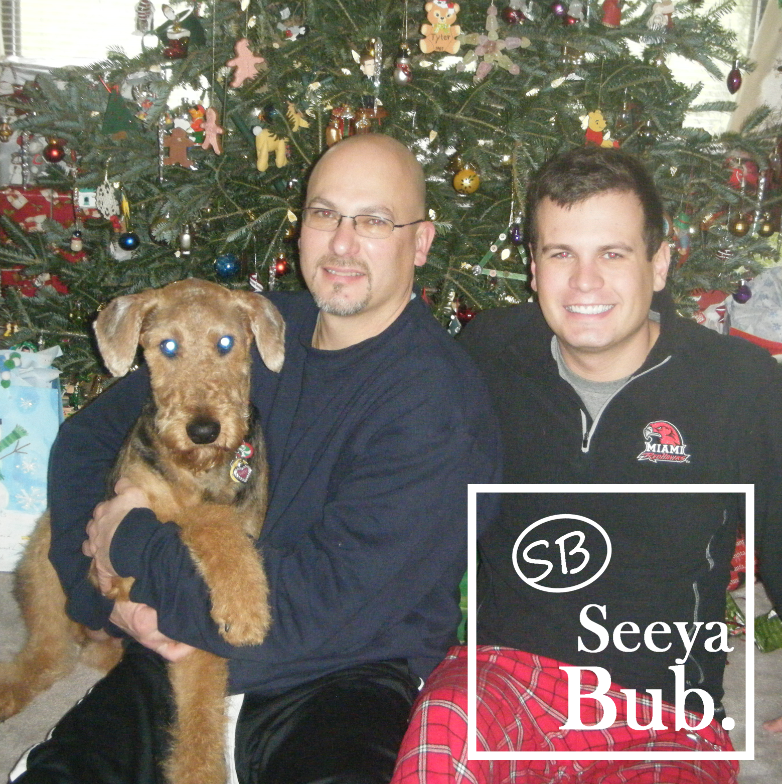 Dad Lucy and Me at Christmas with SB Logo